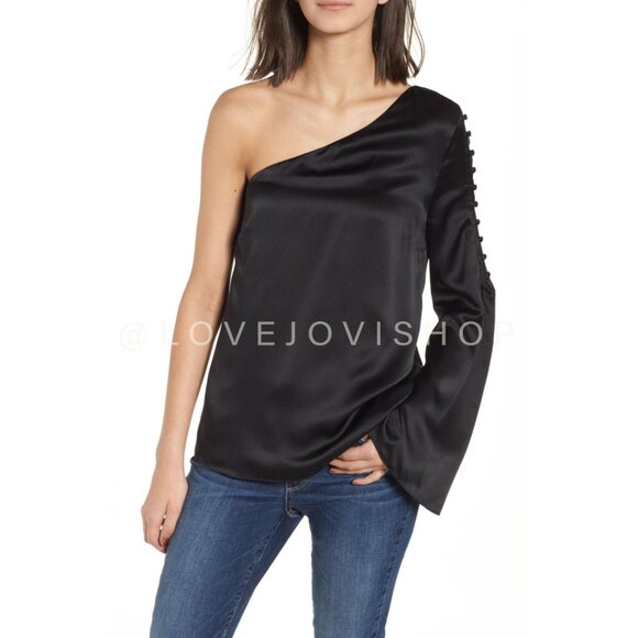 NYE Glam | Parker Black Silk One Shoulder Bell Sleeve Top | Elegant Party Flowy - Picture 8 of 16